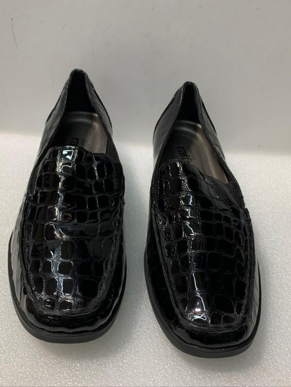 RAFFINI LEATHER CROCODILE PRINT LOAFER FLATS SQUARE TOE BLACK SIZE US 9